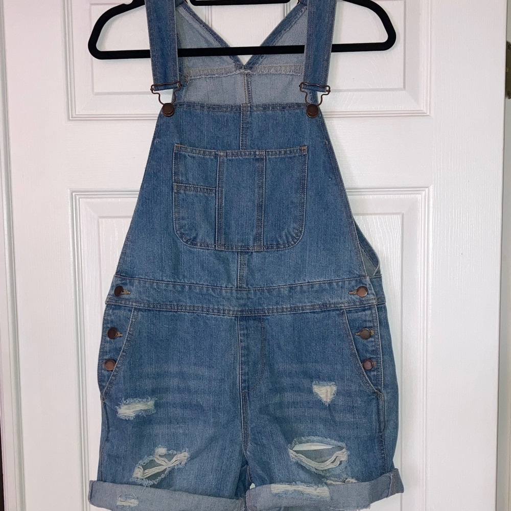 Denim Short Overalls - Blue Distressed Women's Jeans